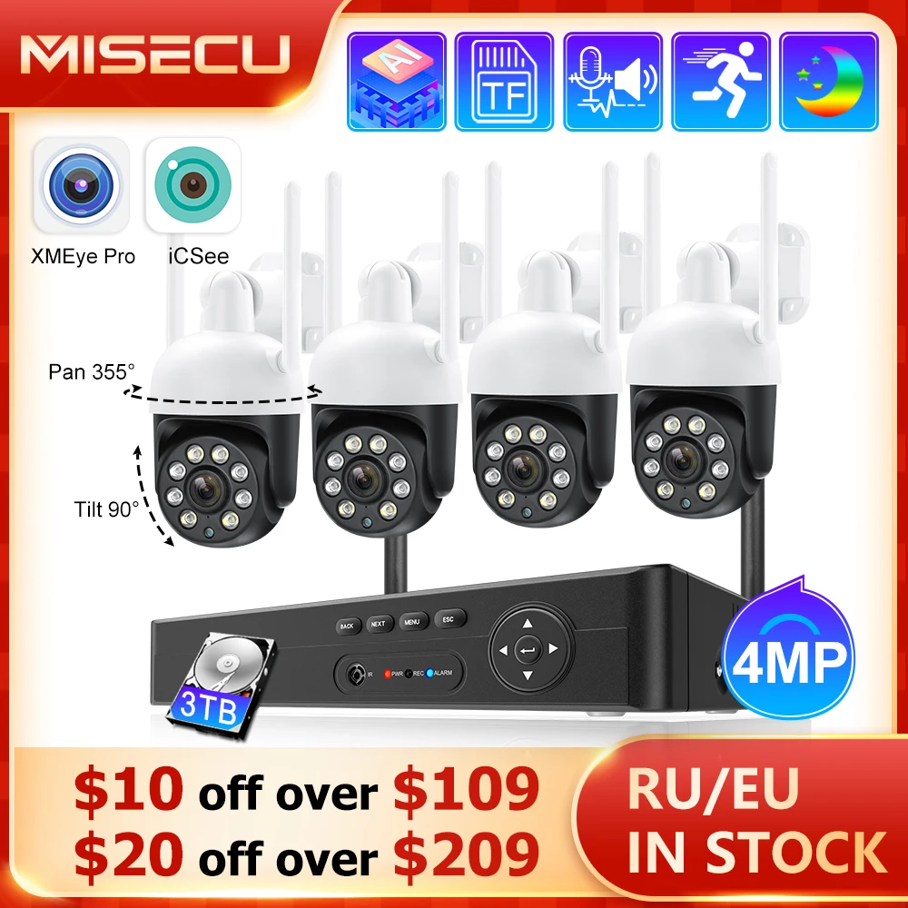 

MISECU 8CH 4MP Wireless CCTV System Full Color Night Outdoor Wifi IP Security Camera Set Video Surveillance Kit XMeye NVR Set