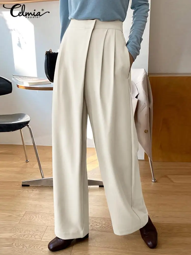 

Women Wide Leg Pants Celmia Summer Elegant High Waist Pleated Office Pantalones Korean Style Casual Loose Solid Long Trousers