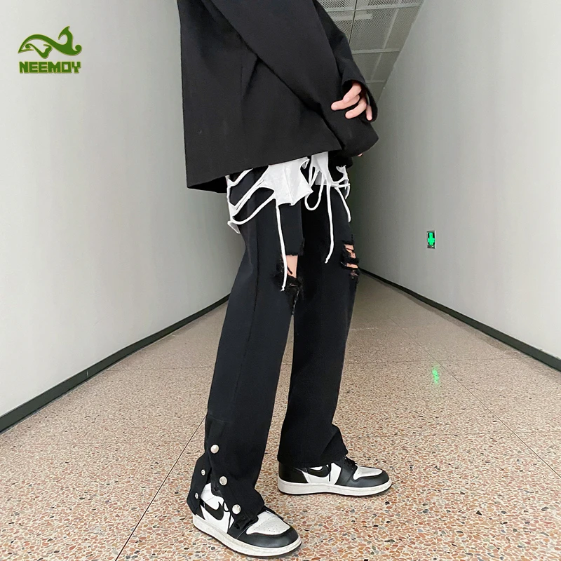 Neemoy 2022 New High Street Ripped Hole Hole Jeans Slim Flared Pants Men and Women High Waisted Denim Jeans Sexy Ripped Jeans