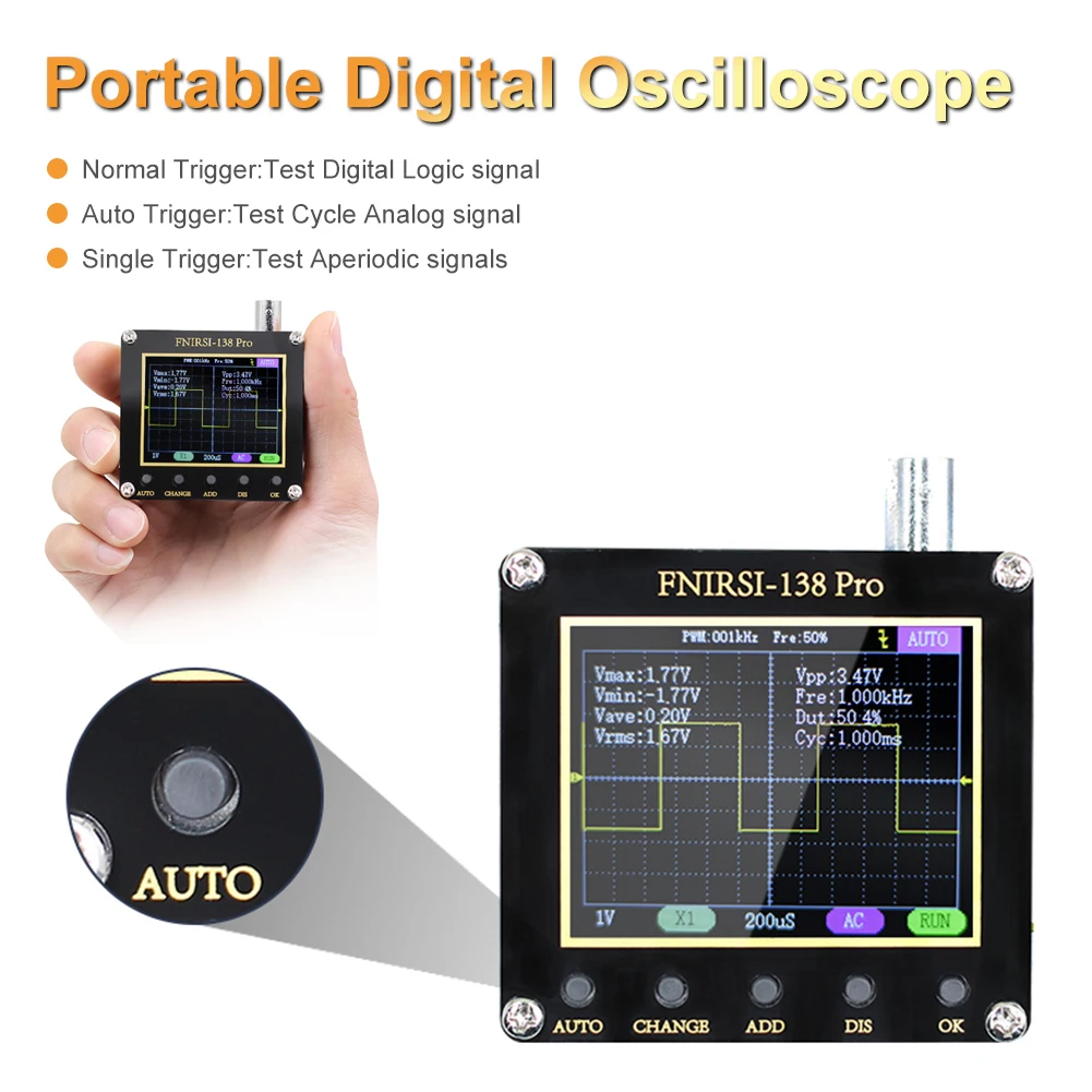 

FNIRSI 138pro Mini Oscilloscope Handheld Practical Digital Oscilloscope with 3 Trigger Mode One Button Auto Adjust PWM Firmware