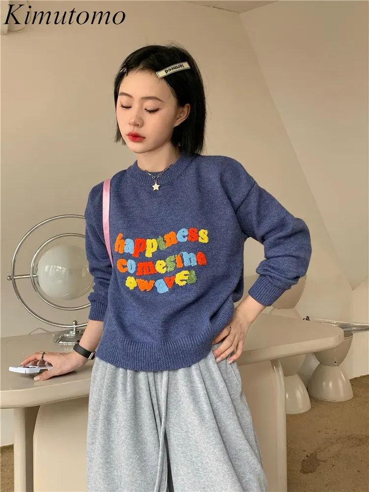 

Kimutomo милый свободный цветной свитер с Вышивкой Букв Повседневный простой круглый вырез с длинным рукавом Универсальный вязаный пуловер То...