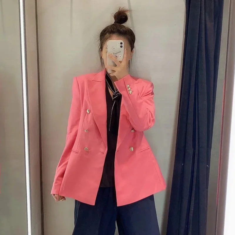 

Женский блейзер с металлическими пуговицами, однотонный Двубортный повседневный офисный Блейзер розового и красного цвета, официальная одежда для работы, 2021