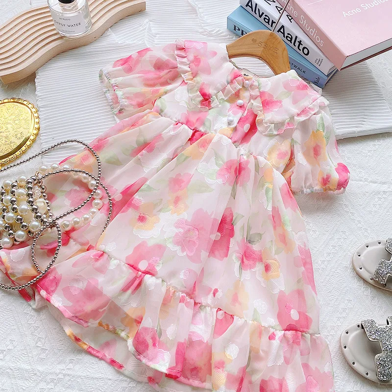 

Шифоновое платье с коротким рукавом для девочек, летнее платье с цветочным принтом в садовом стиле, 2022