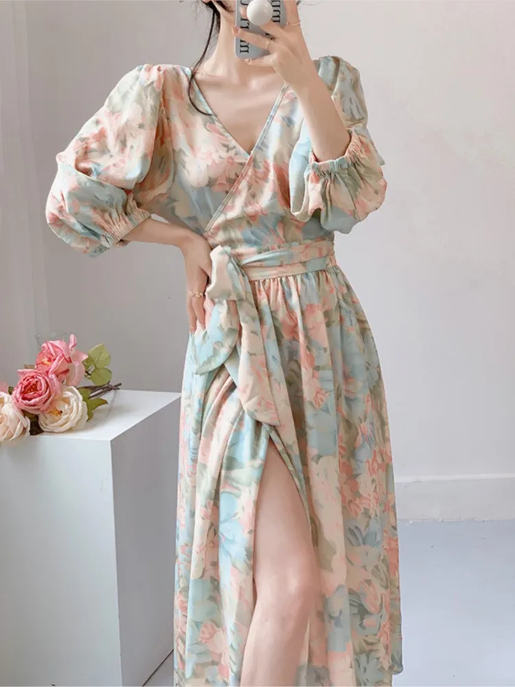 

2022 New Vintage Floral Gentle Midi Dress Women V-Neck Sexy Elegant Casual Holiday Robe Autumn Sweet Dress Korean One Piece