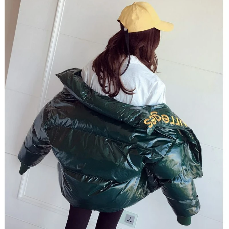 Womens Jackets Winter 2022 New Casual Bright Leather Embroidery Letters Parkas Streetwear Oversize Coats Long Sleeve Zipper Tops