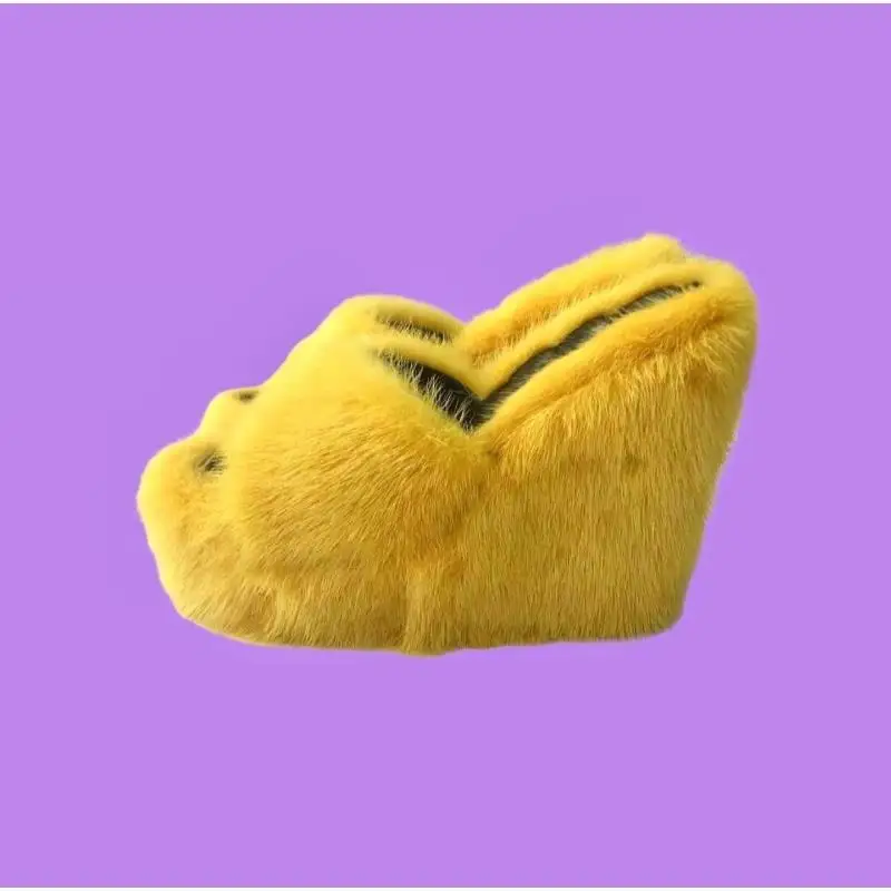 22023 New Large Size round Toe Wedge Fluffy Slippers Women's Independent Station Sexy High Heel Hair Cotton Slippers