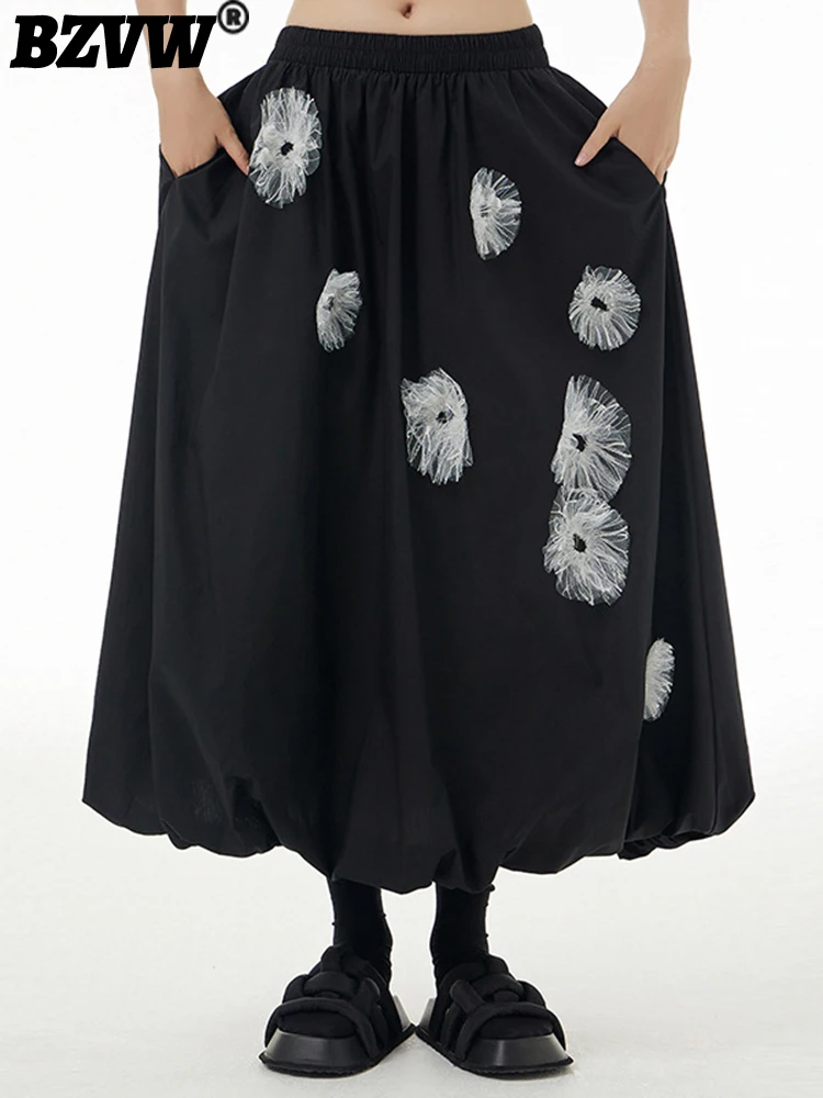 

BZVW Elastic High Waist Designer 3D Floral Spliced Decoration Skirts For Women 2023 Spring And Autumn Versatile Skirt Female