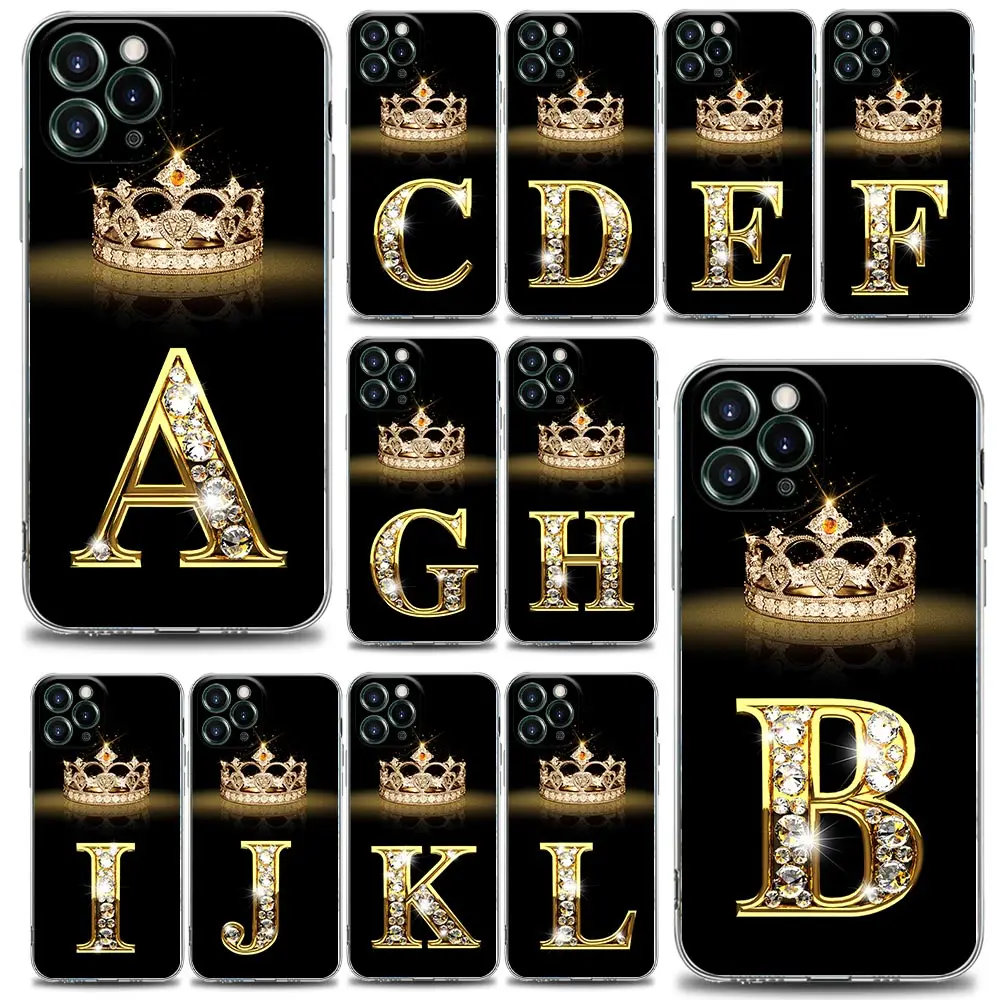 

Diamond Crown Letter Phone Case For iPhone 11 12 13 Pro Max XR XS X 8 7 SE 2020 6 Plus Cute LetterA-L Clear Soft TPU Cover Shell