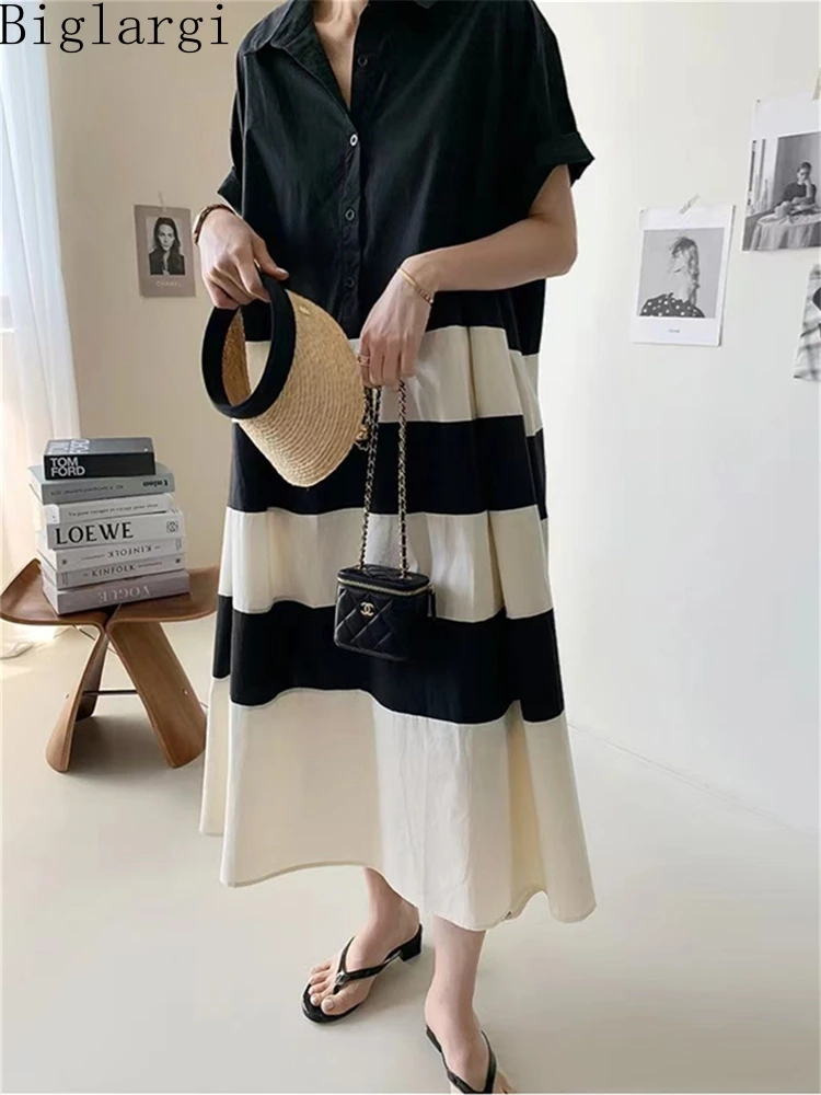 

Korea Fashion Summer Women Black White Striped Shirt Dress Woman Casual Loose Office Shirt Dress Ladies Pullover Long Dresses