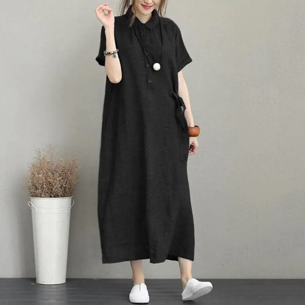 

Side Lace-up Soft Texture Lapel Short Sleeve Summer Shirt Midi Dress Workwear