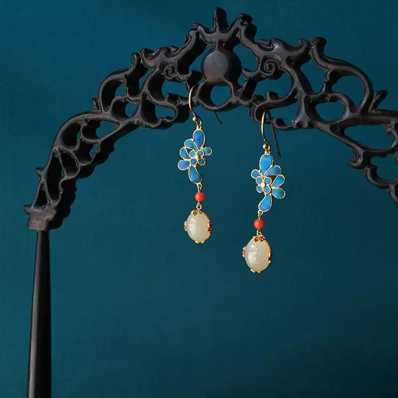 

Cloisonne Diancui White Jade Earrings Female Retro Palace Simple Versatile Solitary National Style Advanced ear rings for women