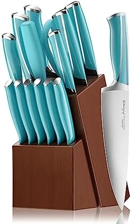 

Набор ножей POPTOP, набор из 15 кухонных ножей с деревянным блоком, Озерная синяя ручка для набора поварских ножей, точилка для кухонных ножей