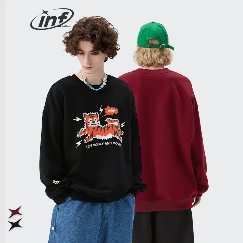 

2022 autumn new products laser reflective cartoon tiger print round neck trend loose men's sweater Hoodie