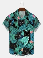 molilulu mens fashion vintage clothing tropical plants and black cat hawaii short sleeve shirt
