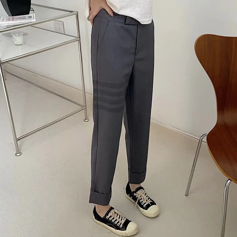 TB Thick Trousers Women's Spring and Autumn New Gray Pants Casual Trousers High Waist Thin Smoke Tube Pants Straight Suit Pants