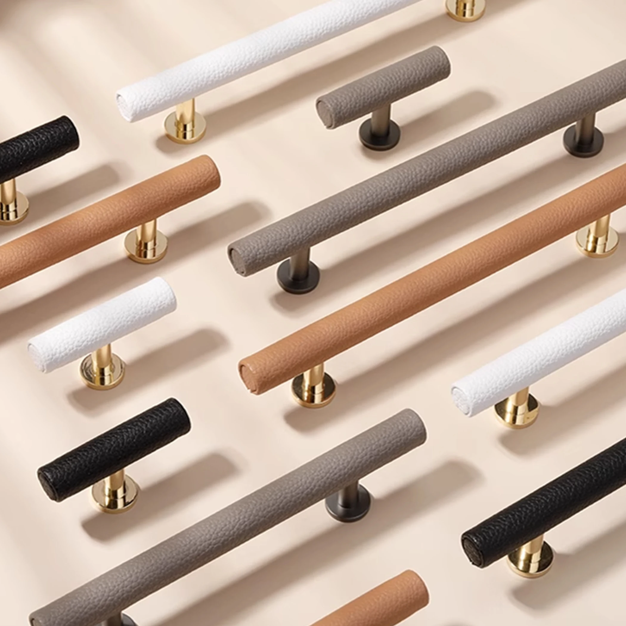 

Т-образные ручки из натуральной кожи, ручки из цинкового сплава для шкафов и ящиков, белые/черные ручки для кухонного шкафа из воловьей кожи