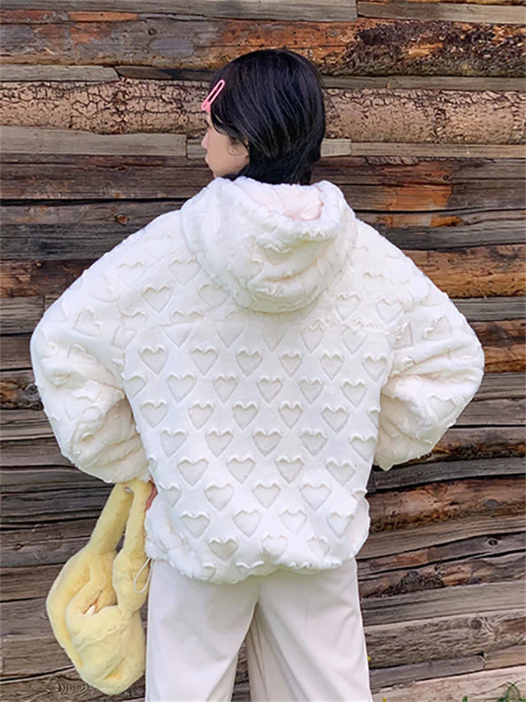 QWEEK Kawaii Sweet Lambwool Hooded Jackets Women Korean Fashion Cute Heart White Parkas Oversized Harajuku Winter Warm Hoodie