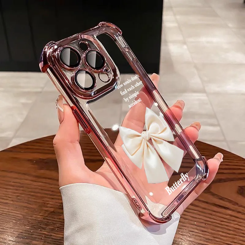 INS Simple White Bow Plating Case For Xiaomi 14 14Pro 13 13Pro Poco F4 F5 X5 X3 4G 5G Shockproof Anti-Fall Armor Cover