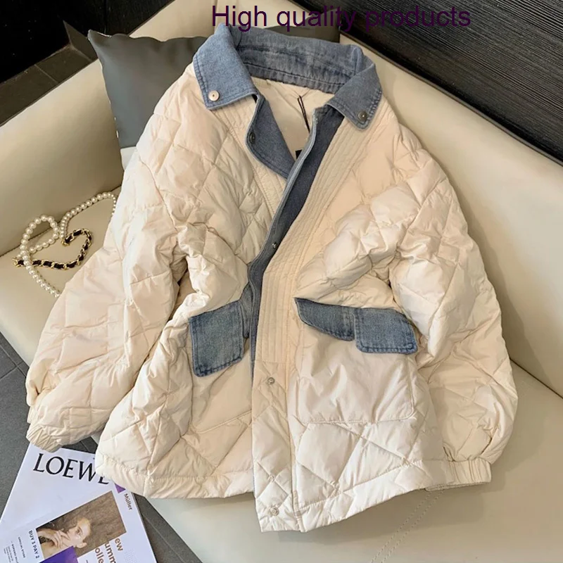 

Denim Women Stitching Down Jacket 2024 Fashion Patchwork Loose Oversize Warm Puffer Coats Female Fake Two Rhombus Winter Coat