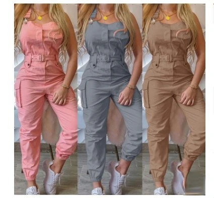 

Summer Women Casual Pocket Design Sleeveless Cargo Suspender Jumpsuit Loungwear Streetwear Oversized Plus Size Clothes With Belt