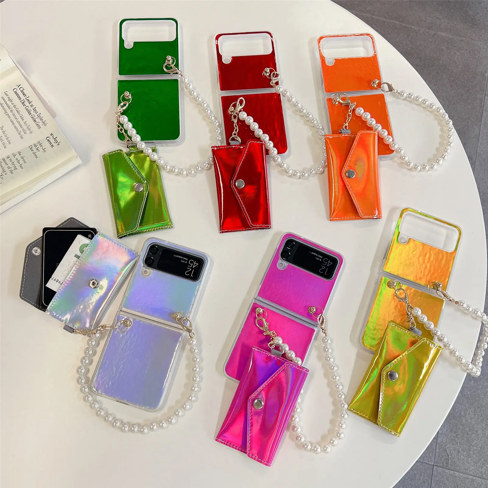 For Samsung Z Flip 4 3 Case Colorful Laser Glitter Pearl Bracelet Card Holder Bag Leather Folding Shockproof Cover Accessories