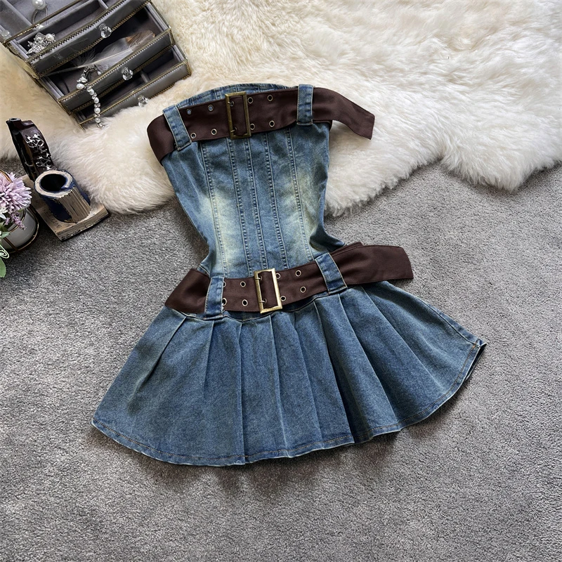 

Женское джинсовое мини-платье Amolapha в европейском стиле с поясом на шею и поясом