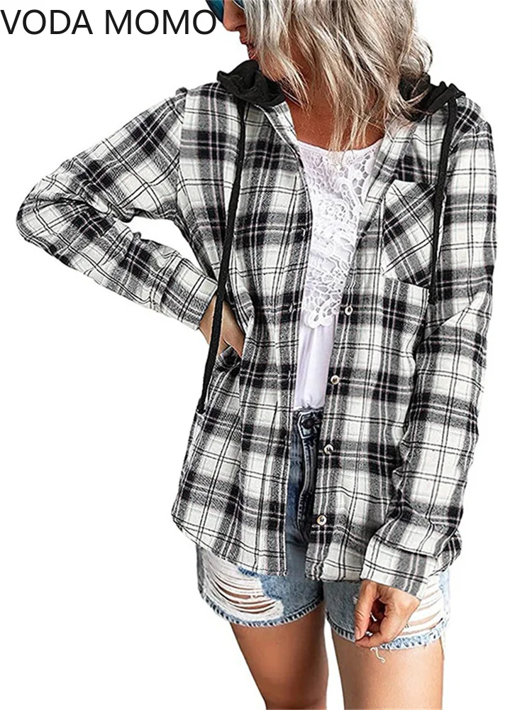 

New Spring Women Cotton Blend Shirt Fashion Plaid Hooded Shirt Long Sleeve Women with Single Row Buttons Blouses British Style