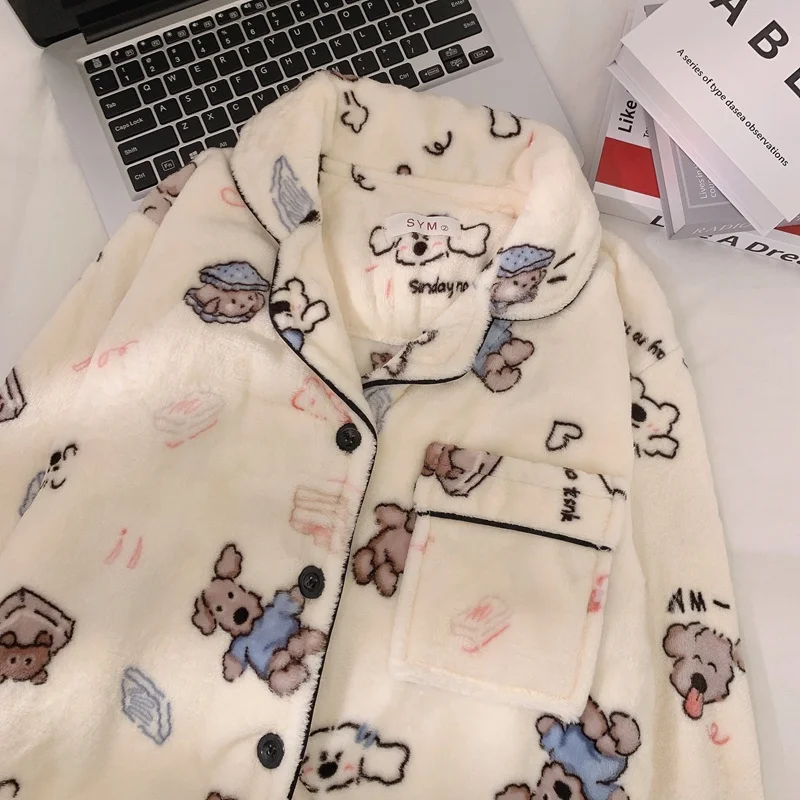 Coral Fleece Pajamas Women Autumn and Winter Fleece-lined Thickened Warm Flannel Cute Cartoon Plus size 00.00kg Homewear