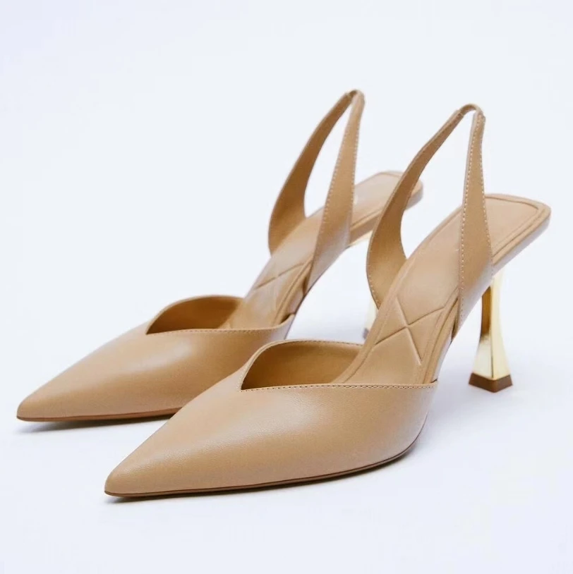 

Spring Summer Women's High Heeled Sandals Black Nude Metal Slingback Elegant High Heels Shallow Pointed Toe Fashion Women Shoes