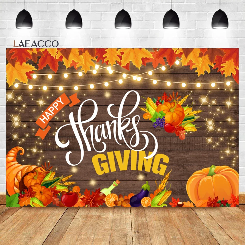 Laeacco Happy Thanksgiving Backdrop Fall Pumpkin Wooden Maple Leave Harvest Friendsgiving Family Portrait Photography Background
