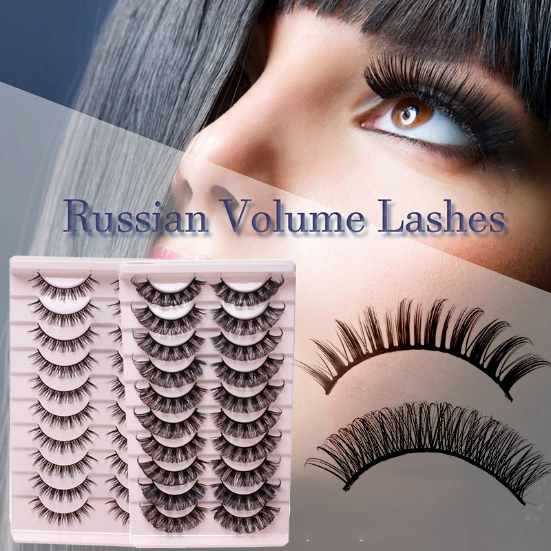 

10 Pairs/Set False Eyelashes DD Curl Russia Curly Bushy Cross Lashes Extension 3D Mink Hair 10-23mm Reusable Make Up