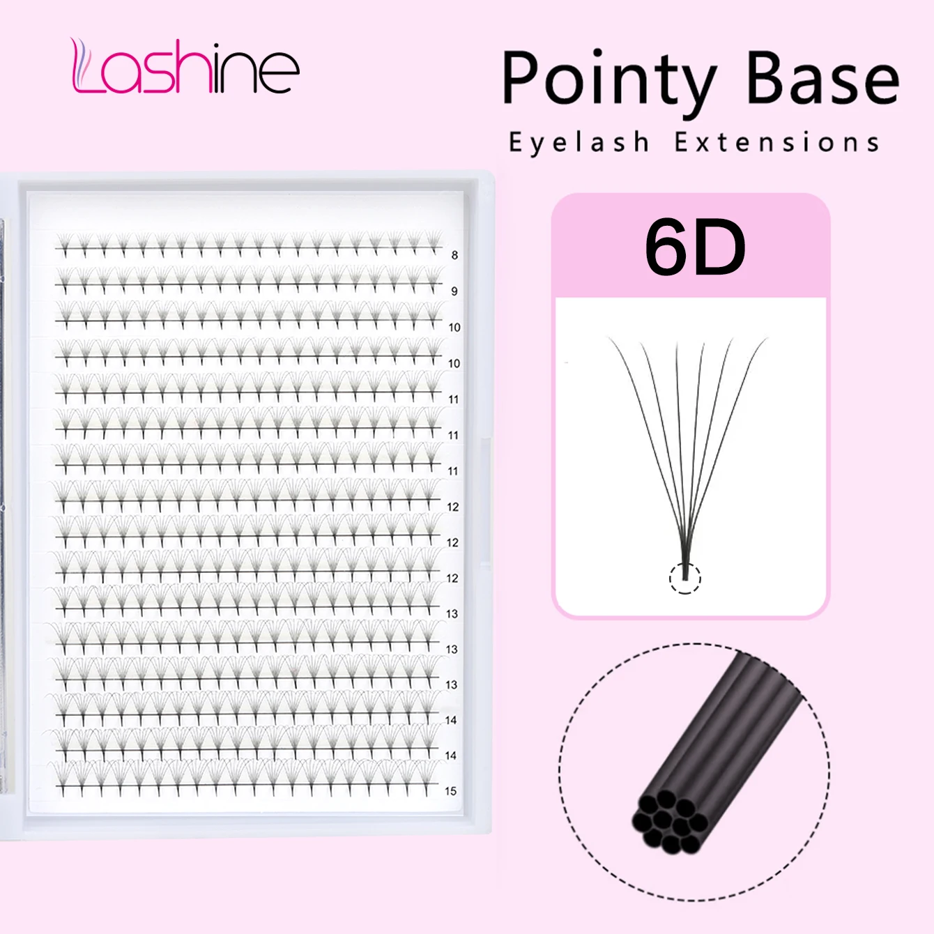 

Lashine Pointy Base Premade Volume Fans Eyelash Extension 0.07mm 6D 8-15mm Mix Length Individual Sharp Pointy Stem 320 Fans