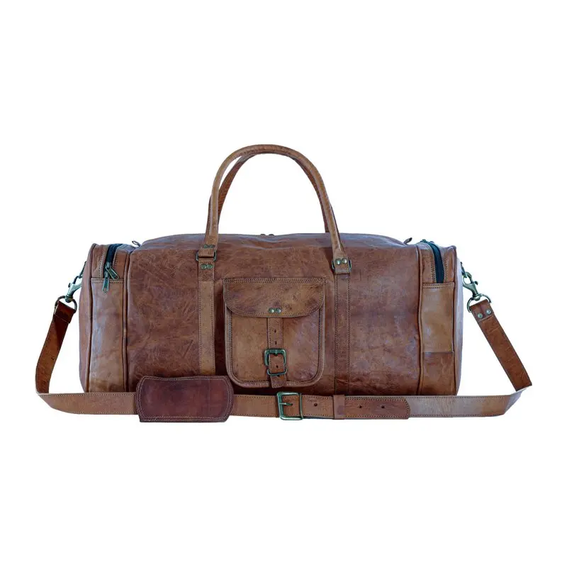 Leather duffel bag large 24 Inch Square Duffel Travel Gym Sports Overnight Weekender Leather Bag for men and women by Komal's Pa