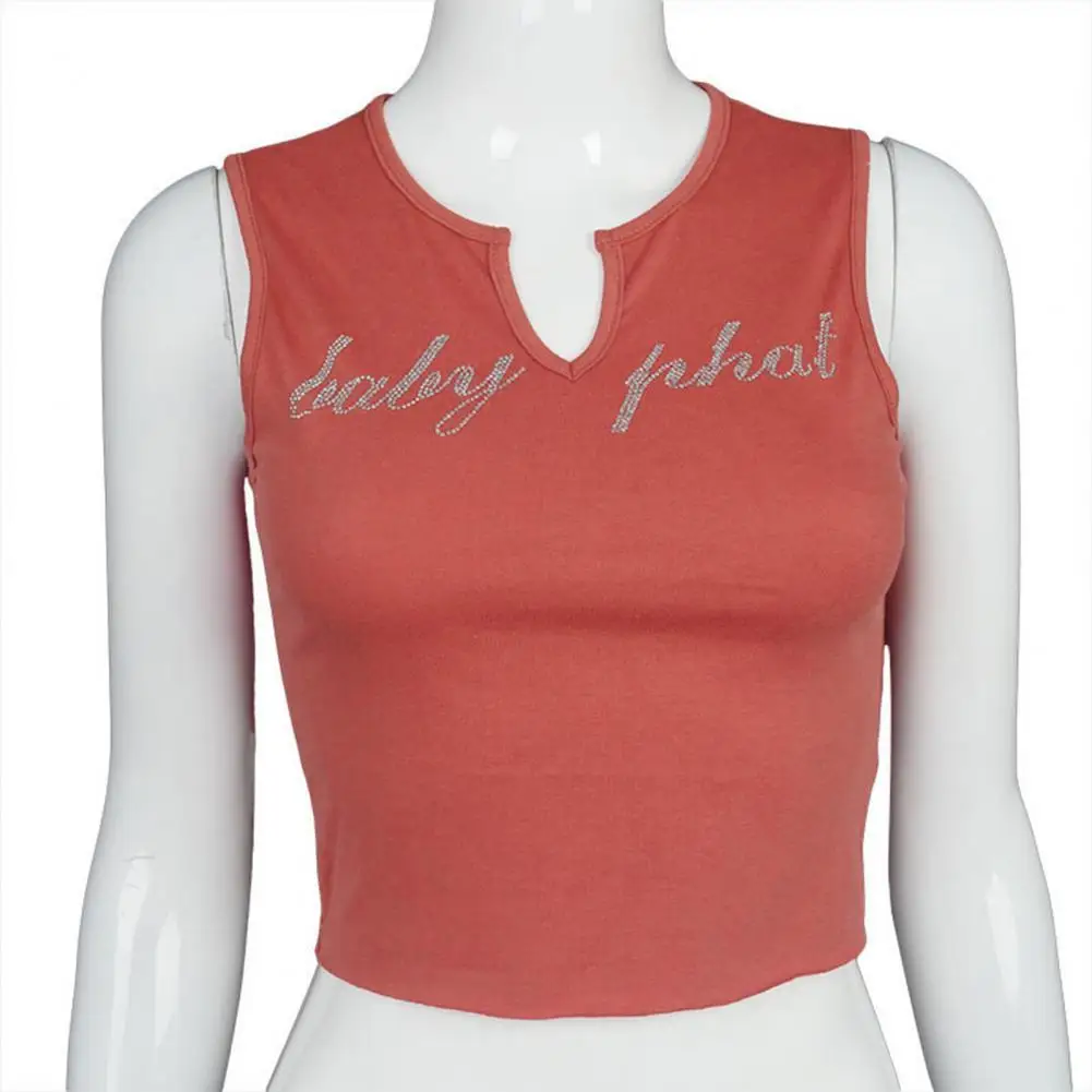 

Crop Top Letters Rhinestone Sexy Deep V Solid Color Blouse for Dating
