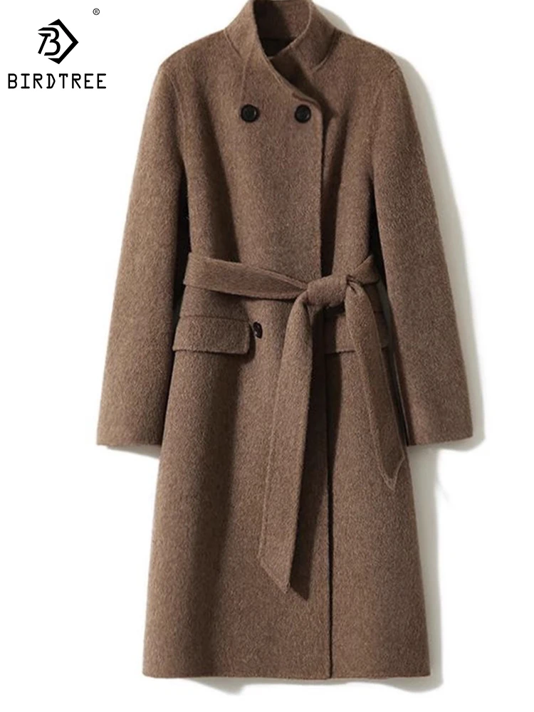 

Birdtree 80% Sheep Wool 20% Alpaca Temperament Coat Autumn/Winter New Temperament Double-breasted Stand Collar Overcoat C39935QD