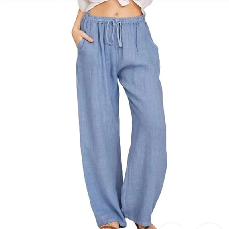 2023 Fashion Ladies Casual Pants Solid Loose Linen Pants Women Clothing Drawstring Wide Leg Pants Femme Streetwear