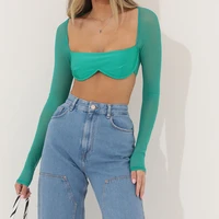 new women casual sexy crop tops solid color long sleeve mesh patchwork slim fit backless tops t shirts