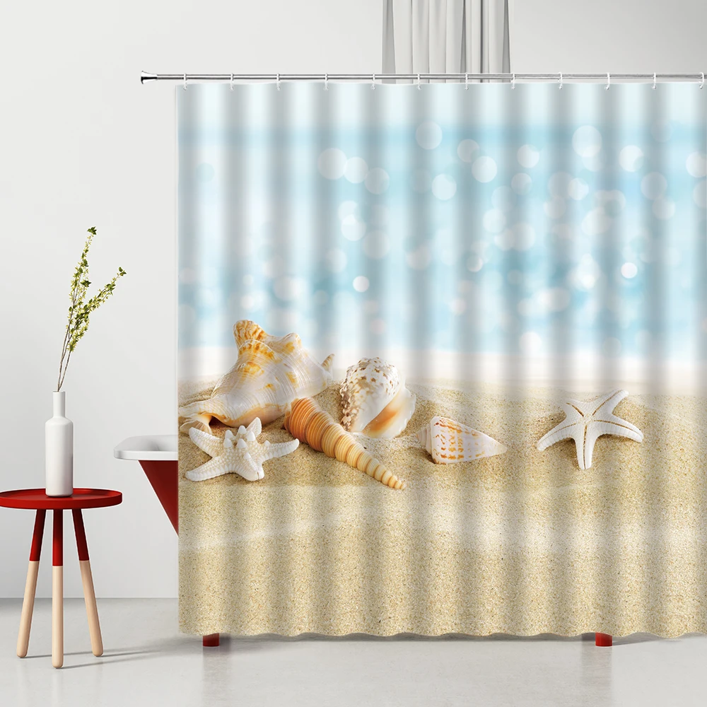 

Coconut Tree Shower Curtains Set Bathroom Curtain Waterproof Polyester Fabric Bathtub Decoration Sunlight Beach Scenery