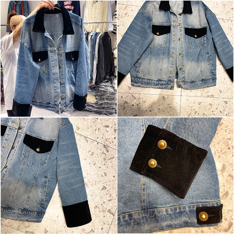 Джинсовая куртка женская с отложным воротником винтажная свободная уличная