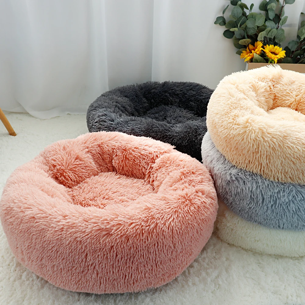 

House Round Cat Dog Orthopedic Bed Plush Kennel Fluffy Bag Sleeping Pet Sofa Puppy Bed Lounger Hondenmand Long Bed Calming Donut