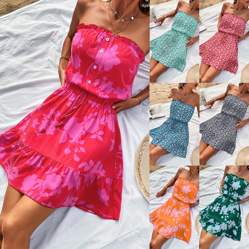 

Summer Sexy Strapless Floral Printed Dress High Waisted Pullover Backless One Line Collar Sleeveless Button Lace Up A-line Skirt