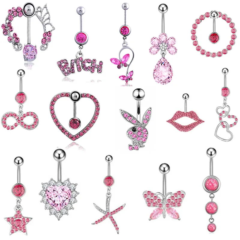 

1PC Boho Pink Zircon Belly Button Rings Dangle Heart Butterfly Navel Piercing Surgical Steel Belly Bar Body Piercing Jewelry