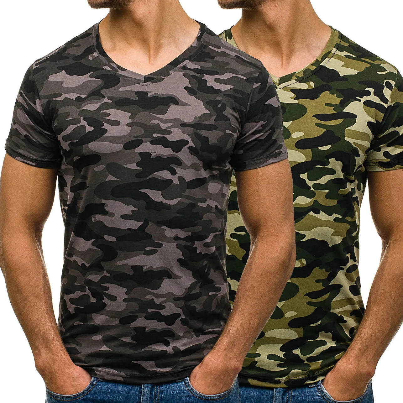 

2019 Men's Short sleeve T-shirt Korean V-collar Loose camo casual T-shirt