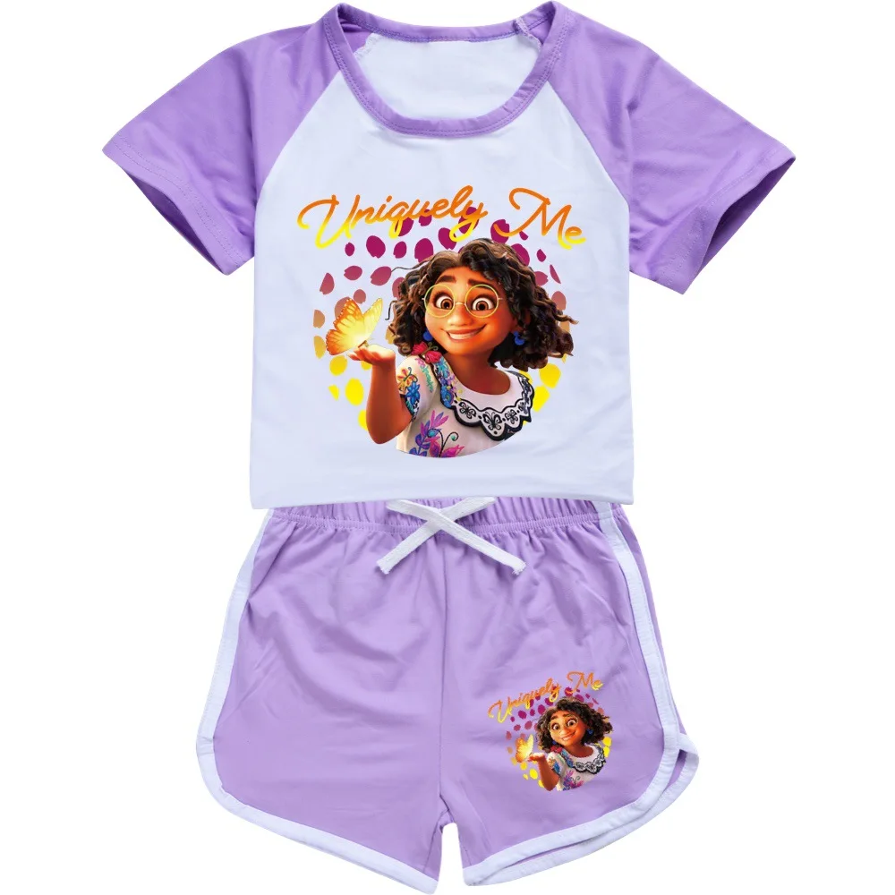 Boys Girls Summer Encanto Cartoon Print Clothing Set Teen Kids Mirabel Madrigal T-shirt + Shorts 2pcs Set Casual Tracksuit 2-16Y
