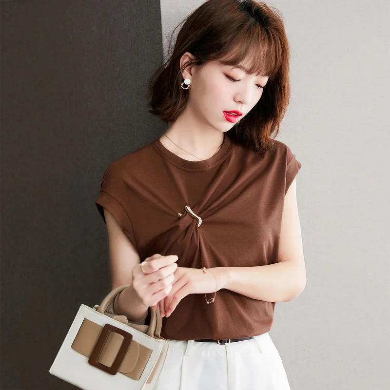 

Cotton Women's T-shirt Summer Slim Fit Folds Top Short Sleeve 2022 New O-Neck Casual Tees Fashion Korean Style Female Clothes