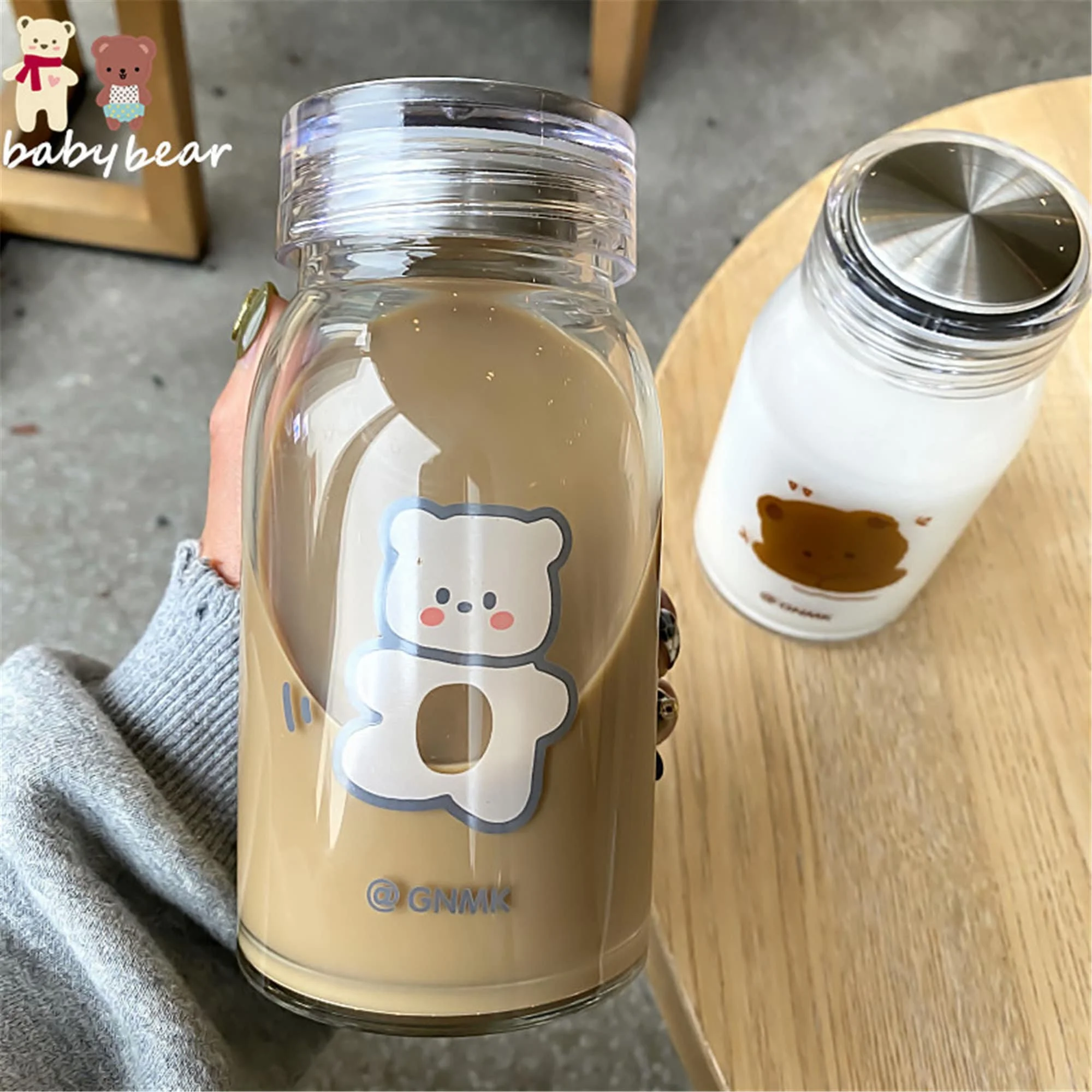 Cute Bear Glass Water Bottle With Lid Clear Printing Water Bottle Portable Cartoon Aesthetic Travel Water Bottle 500ML Couple