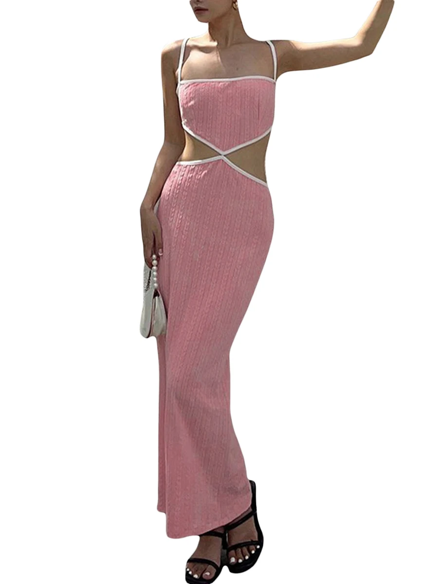 

Womens Sexy Cut Out Long Dress Spaghetti Straps Backless Slim Fit Bodycon Party Cocktail Dresses