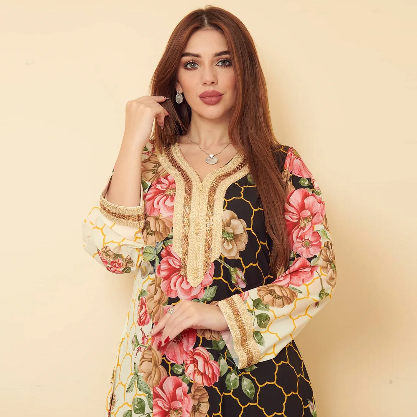 Middle East Abaya Islamic lady Style Lace Long Sleeve Loose Abaya Printing dresses for Muslims  abayas for women dubai