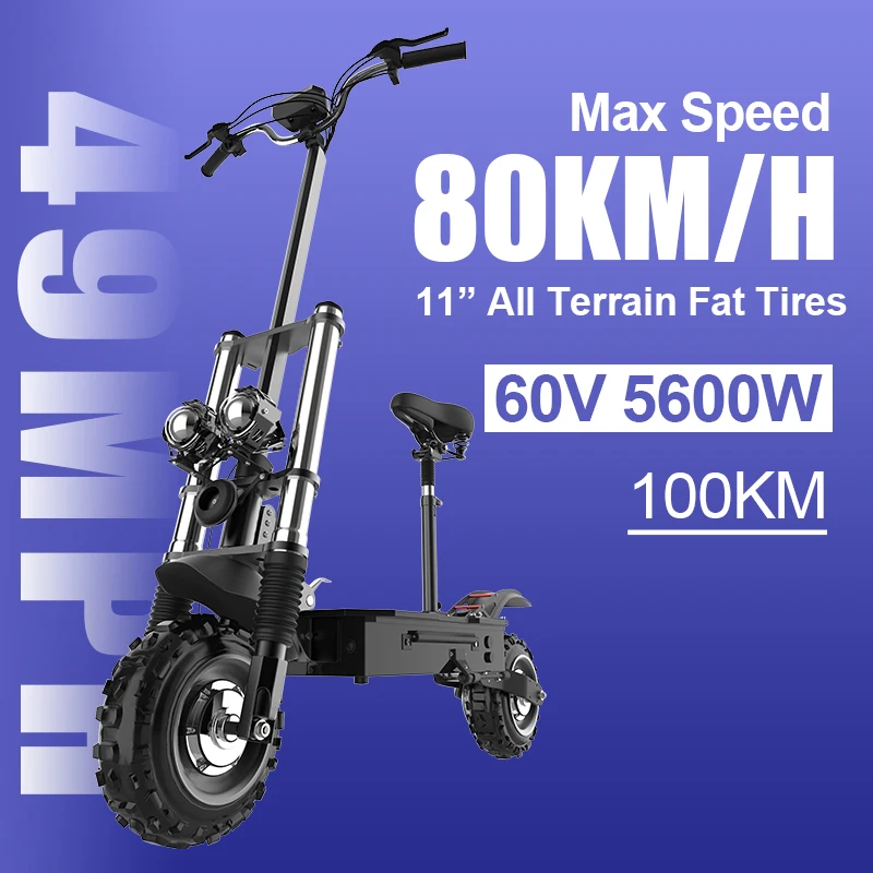 

80km/h Dual Motor Eelectric Scooters Adults 60v 5600w Powerful Skateboard 11 Inch Off Road All Terrain Fat Tire Kick Scooter USA