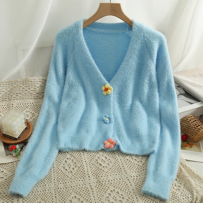 

Женский Пушистый кардиган с цветочным принтом, однобортный Вязаный Кардиган с длинным рукавом в Корейском стиле, осенняя трикотажная кофта